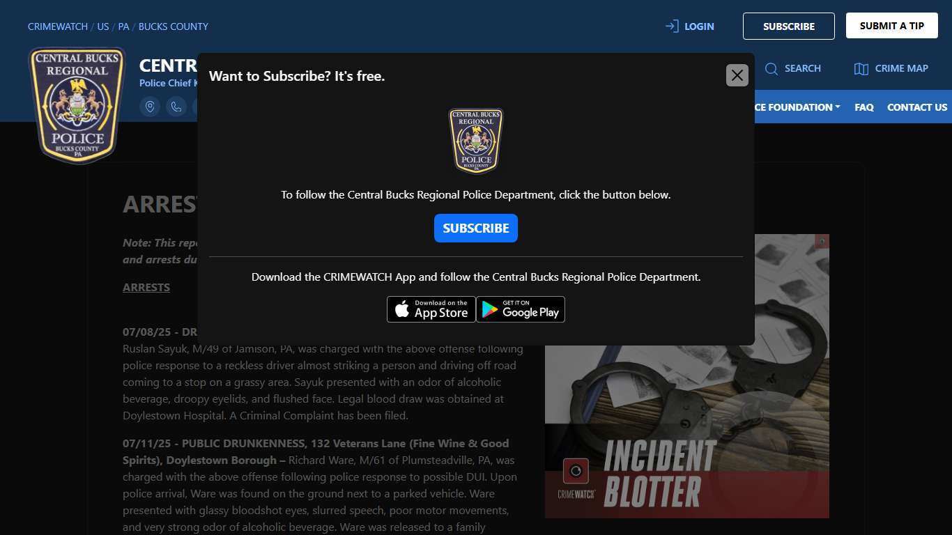 Arrests - July 2025 | Central Bucks Regional Police Department